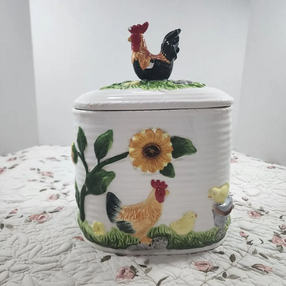 Vintage Ceramic Rooster Storage Jar 3D Sunflower Chicken Farmhouse Canister